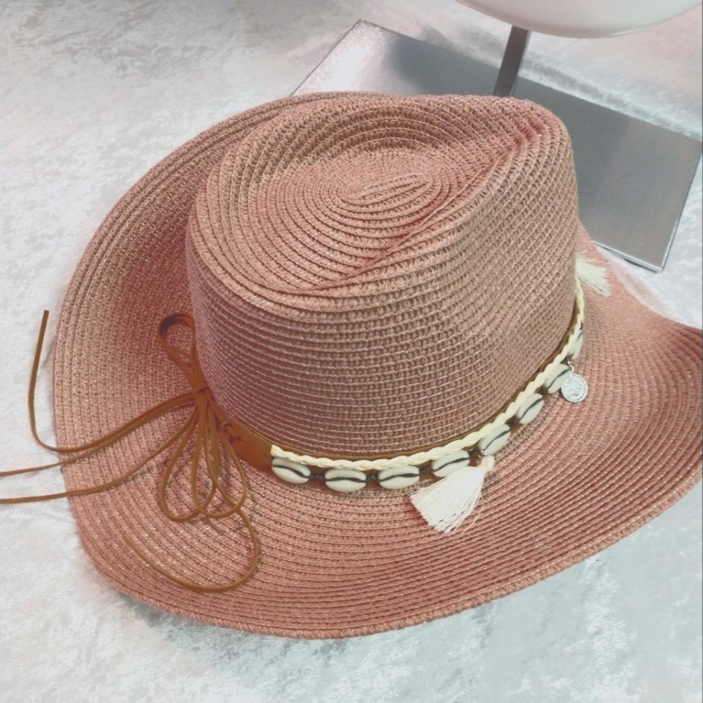 Unisex Woven Western Straw Beach Sun Hat Cowrie Cowry Shells Tassels Folds Mauve - Picture 7 of 9